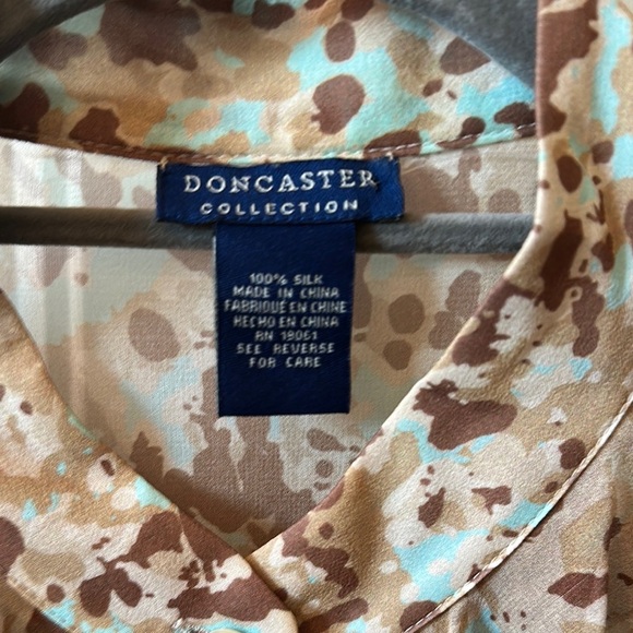 Doncaster Women's Ruffle Blouse - Brown and Blue Pattern 100% Silk - Picture 2 of 6